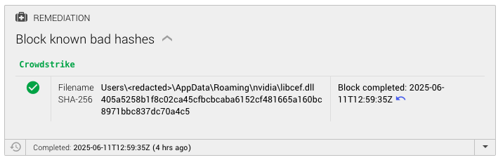 An example alert of what the block bad hash auto remediation looks like in action in Workbench. 